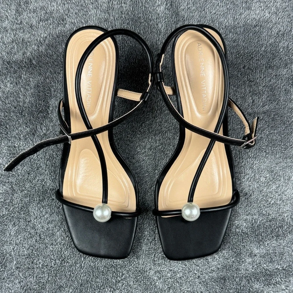 Adrienne Vittadini Begley Black Pearl Square Toe Kitten Heel Sandals Mens 7M‎